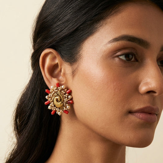 22kt gold Peacock Studs — handcrafted kundan earrings with floral design and pearl accents, ideal for bridal, festive and ethnic wear