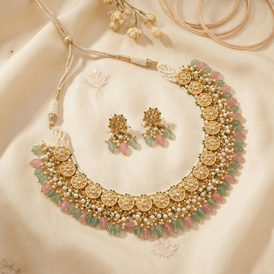 Green pink Polki necklace set in 22KT hallmarked gold with round motifs — certified syndicate Polki traditional Rajasthani jewellery set with matching earrings