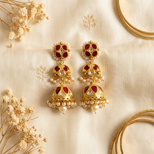 22kt Gold Polki Square Red Lightweight Jhumkis