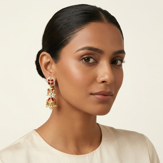 22kt Gold Polki Square Red Lightweight Jhumkis
