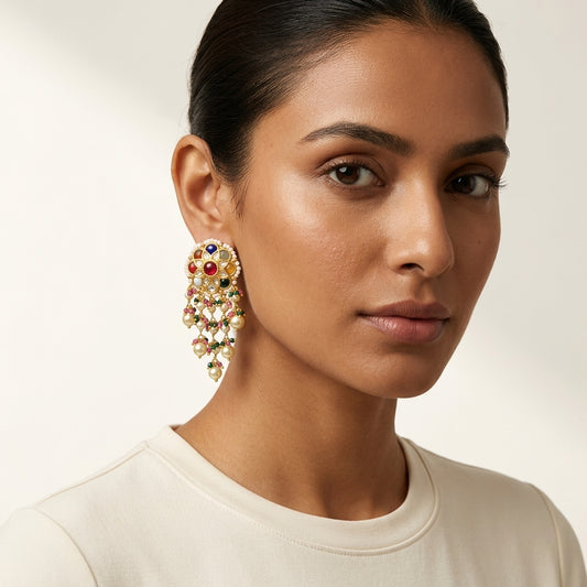 22kt gold handcrafted Navaratna Hangings | nine gemstone chandelier earrings with pearl drops | bridal Indian jeweller