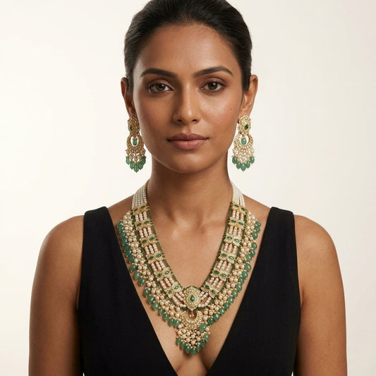 22kt 916K hallmarked gold Rani Haar | certified syndicate Polki lotus motif necklace with mint green emerald cascade and pearl drops | Rajasthani bridal jewellery