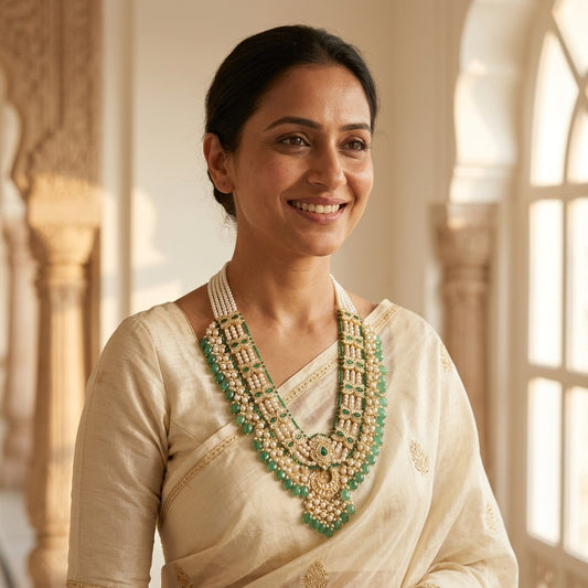 22kt 916K hallmarked gold Lotus Rani Haar with certified Polki, mint green emerald beads and pearl drops — handcrafted Rajasthani bridal necklace for royal weddings