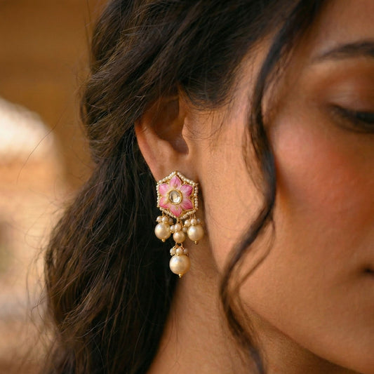 22kt 916k Hallmarked Gold Floral Pink Pearl Studs with Certified Syndicate Polki and Thapa Craftsmanship | Everyday and Festive Jewellery