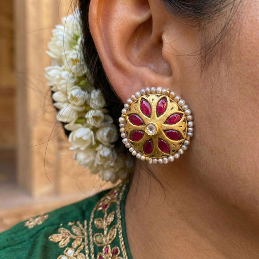 22kt 916k Hallmarked Gold Antique Finish Round Ruby Studs with Vivid Red Semi Precious Stone and Expert Thapa Workmanship | Heirloom Earrings