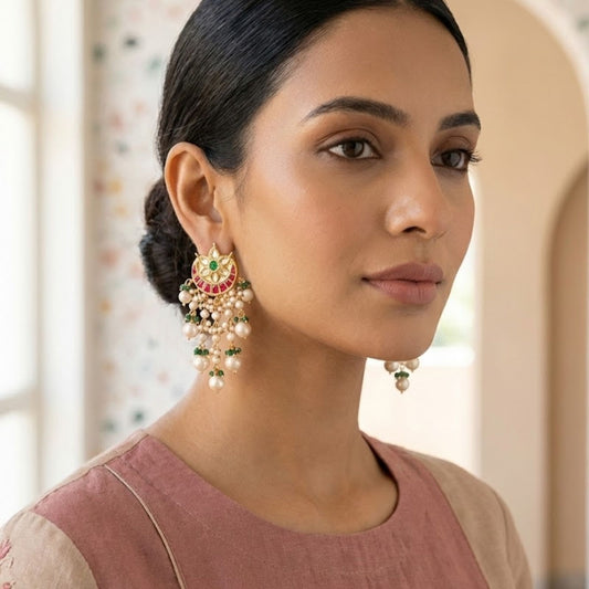 Handcrafted 22kt Gold Square Red Green Chandbali Earrings Syndicate Polki Red and Green Semi Precious Stones and Pearl Drops