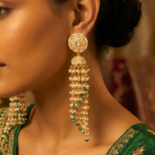22kt 916k Hallmarked Gold Pearl Waterfall Jhumki Earrings with Certified Syndicate Polki Round Base and Thapa Craftsmanship | Festive Jewellery