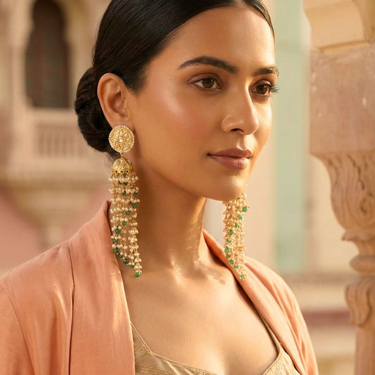Handcrafted 22kt Gold Round Pearl Waterfall Jhumki Earrings with Certified Syndicate Polki and Cascading Pearl and Green Bead Drops