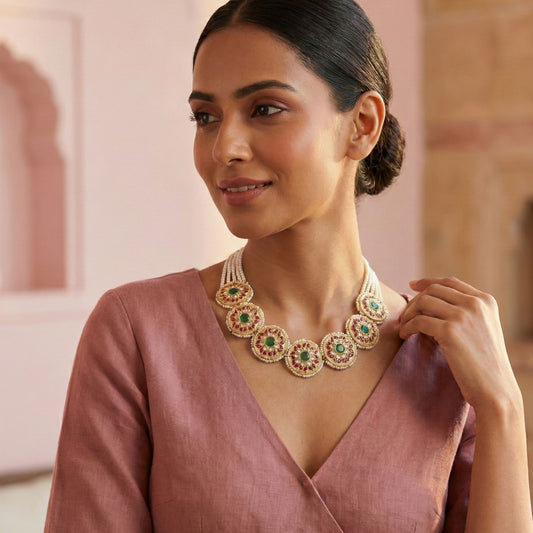 Handcrafted 22kt Gold Round Motifs Kundan Necklace Set with 10 Carat Certified Syndicate Polki Green Emerald Stones and Thapa Craftsmanship