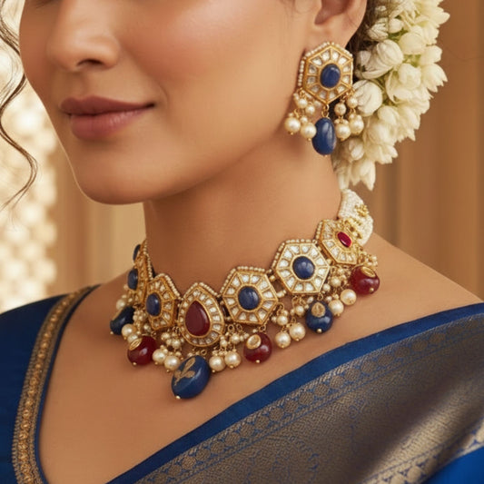 22kt 916k Hallmarked Gold Square Pearl Bling Necklace Set with 10 Carat Syndicate Polki and Thapa Craftsmanship | Bridal Jewellery Set