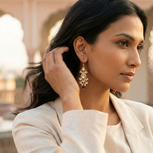 Handcrafted 22kt Gold Double Drop Maroon Casual Earrings with Certified Syndicate Polki Maroon Semi Precious Stones and Pearl Drops