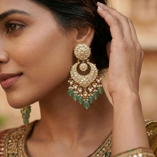 22kt Gold Polki Chandbaali Earrings with Green Jade and Pearl Drops for Wedding and Festive Wear
