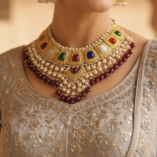 22kt 916k Hallmarked Gold Navaratna Choker Necklace Set with Nine Gemstones and Pearl Hangings | Bridal Jewellery