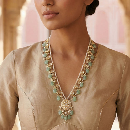 Handcrafted 22kt Gold Leaf Green Ek Lada Haar with Certified Syndicate Polki Green Semi Precious Stone Leaf Motifs and Pearl Drops