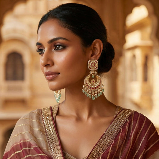 22KT gold Chaandbaali earrings with red and green Polki stones, handcrafted in Rajasthan — Square Statement Chaandbaali by Vama Gears