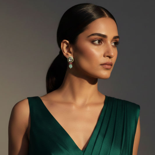 22kt 916k Hallmarked Gold Green Uncut Polki Solitaire Earrings with 2 Carat Rare Uncut Diamonds and Thapa Craftsmanship | Bridal Jewellery