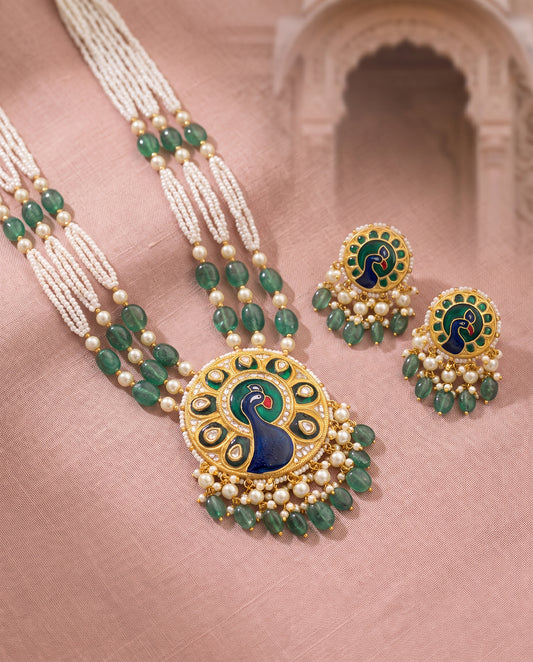 Handcrafted 22kt Gold Peacock Set with 4 Carat Certified Syndicate Polki in Peacock Motif Thapa Work