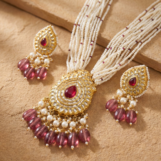 Jharoka Diamond shape ruby pendant set | Vama Gears