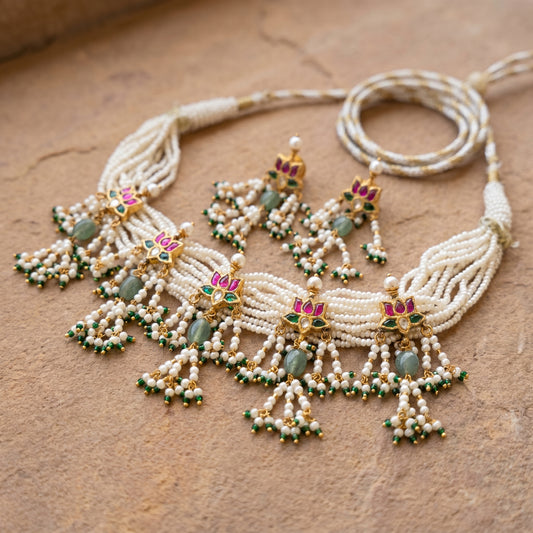 Jharoka Lotus pink pearl choker set | Vama Gears