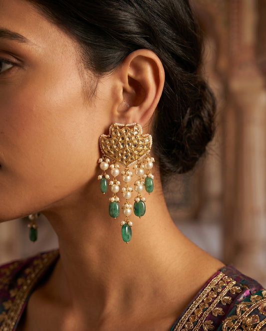 Jharoka Flower dangler earrings green | Vama Gears