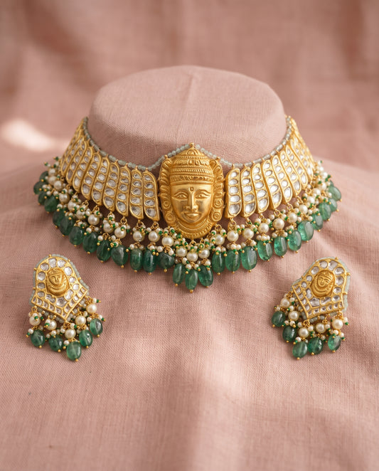 Handcrafted 22kt Gold Temple Choker Set with 10 Carat Certified Syndicate Polki in Temple Motif Thapa Work