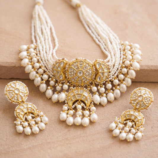 Handcrafted 22kt Gold Round Chand Pearl Choker Set with 5 Carat Certified Syndicate Polki Crescent Motifs and Pearls in Thapa Work