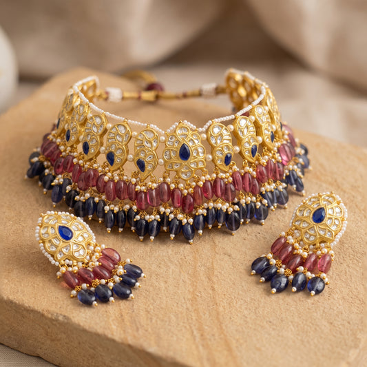 Handcrafted 22kt Gold Green Drop Set with 5 Carat Certified Syndicate Polki and Green Semi Precious Stone Drops in Thapa Work