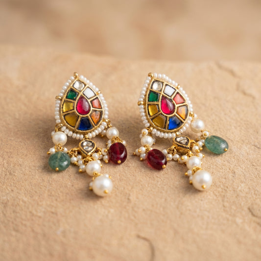 Jharoka Diamond navaratan studs with danglers | Vama Gears