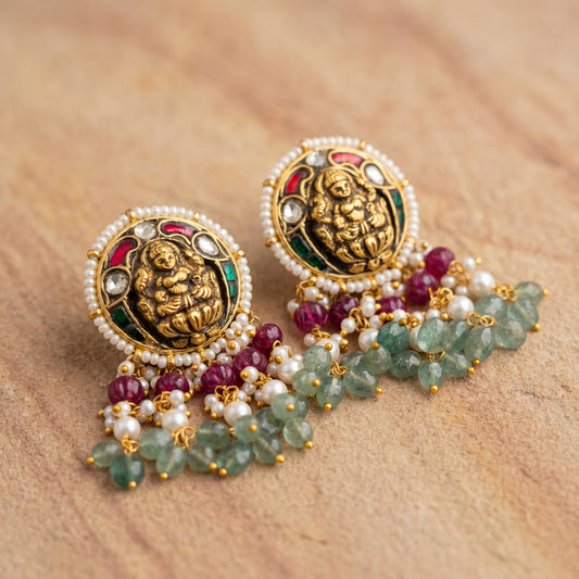 Jharoka Lakshmi ji small round studs with danglers | Vama Gears