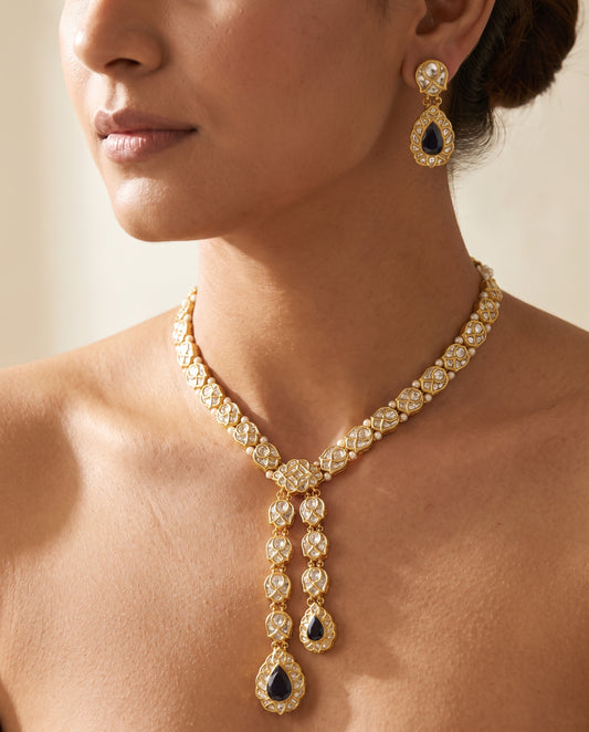 Handcrafted 22kt Gold Y Necklace Set with 20 Carat Certified Syndicate Polki in Elongating Y-Drop Thapa Work