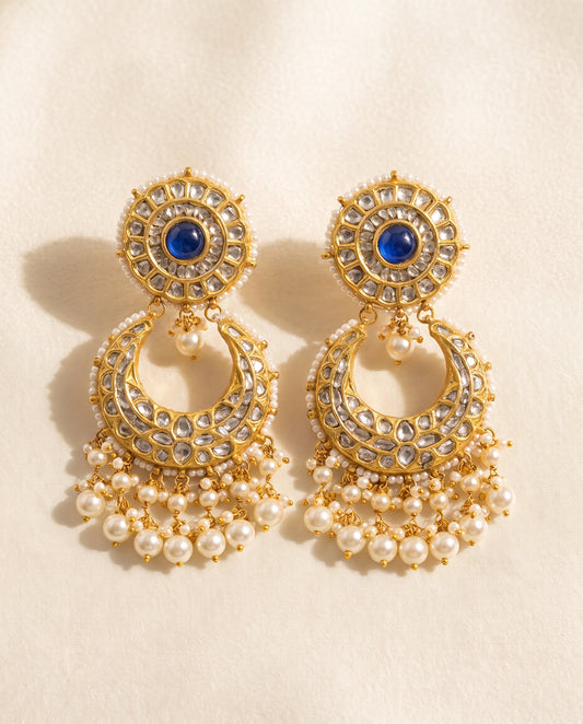 Handcrafted 22kt Gold All Polki Chandbali Earrings with 4 Carat Certified Syndicate Polki Across the Crescent in Lightweight Gold Sheet Work