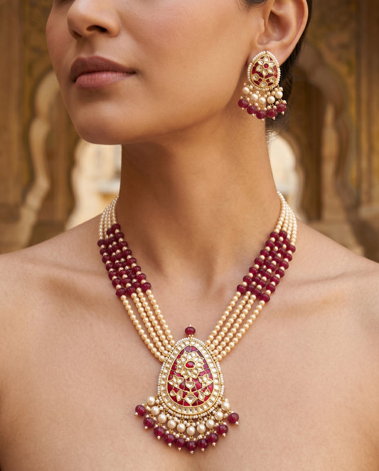 Handcrafted 22kt Gold Red Flower Pendant Set with 2 Carat Certified Syndicate Polki and Red Semi Precious Stones in Floral Thapa Work