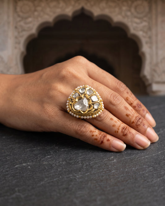 Handcrafted 22kt Gold Uncut Polki Ring with 2 Carat Certified Syndicate Polki in Thapa Work