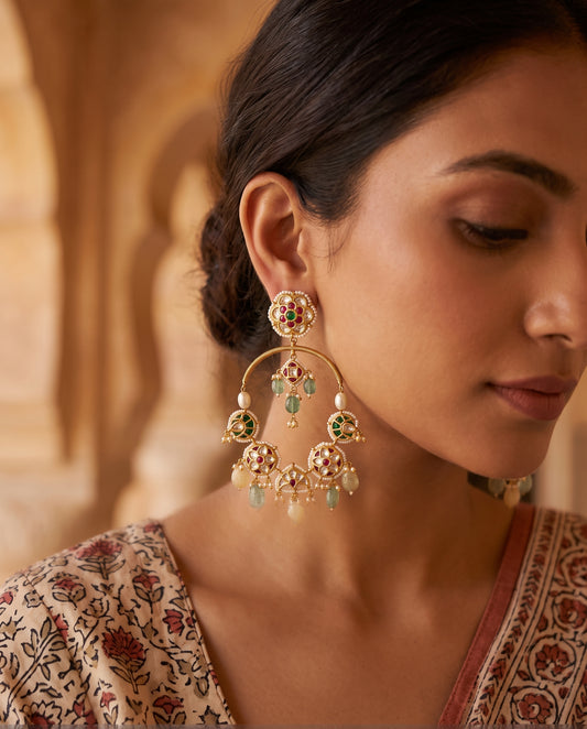 Handcrafted 22kt Gold Jharokha Crescent Earrings with 5 Carat Certified Syndicate Polki in Jharokha Arch Crescent Thapa Work