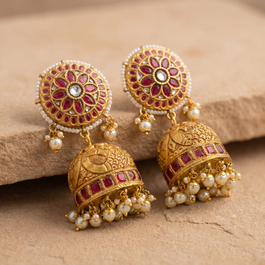 Jharoka Big red jhumkas detachable | Vama Gears