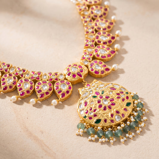 Handcrafted 22kt Gold Short Reversible Mango Mala with Pendant and 7 Carat Certified Syndicate Polki in Mango Motif Thapa Work