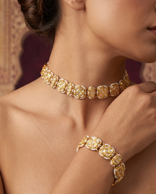 Handcrafted 22kt Gold Bracelet cum Choker with 2 Carat Certified Syndicate Polki in Versatile Thapa Work