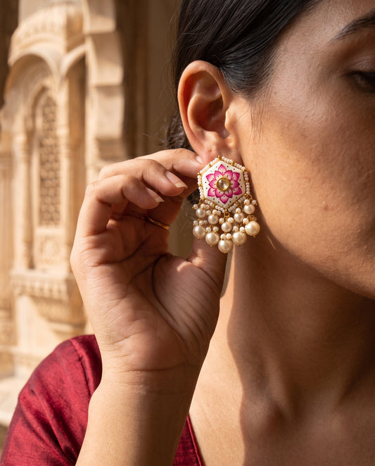 Handcrafted 22kt Gold White Meenakari Studs with 2 Carat Certified Syndicate Polki and White Meenakari Enamel Work in Thapa Work