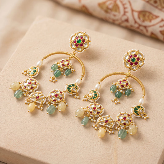 Handcrafted 22kt Gold Jharokha Crescent Earrings with 5 Carat Certified Syndicate Polki in Jharokha Arch Crescent Thapa Work