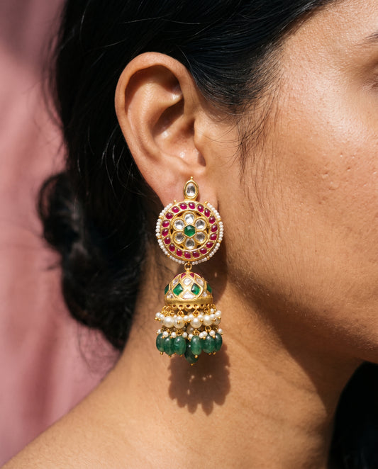 Handcrafted 22kt Gold Bottumala Jhumka with 3 Carat Certified Syndicate Polki in Traditional Jhumki Thapa Work