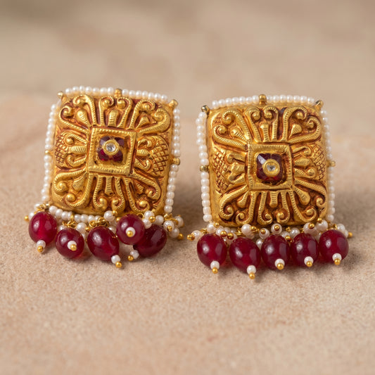 Handcrafted 22kt Gold Square Temple Earrings with Certified Syndicate Polki in Temple Motif Thapa Work