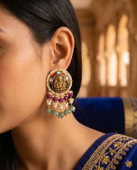 Jharoka Lakshmi ji small round studs with danglers | Vama Gears