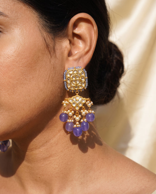 Handcrafted 22kt Gold Jakarti Earrings with Certified Syndicate Polki in Thapa Work