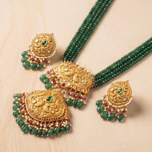 Handcrafted 22kt Gold Temple Pendant Set with 3 Carat Certified Syndicate Polki in Temple Motif Thapa Work