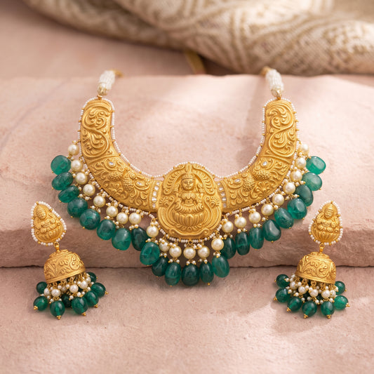 Handcrafted 22kt Gold Lakshmi Hasli Rigid Collar Necklace with Goddess Lakshmi Motif and 3 Carat Certified Syndicate Polki in Thapa Work