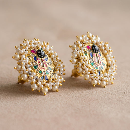 Handcrafted 22kt Gold Shreenathji Pearl Studs with 2 Carat Certified Syndicate Polki and Pearls in Devotional Thapa Work
