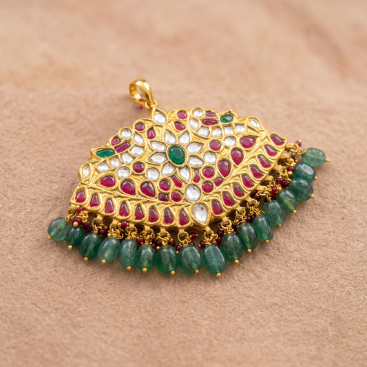 Handcrafted 22kt Gold Mango Pendant with 3 Carat Certified Syndicate Polki in Traditional Mango Keri Motif Thapa Work