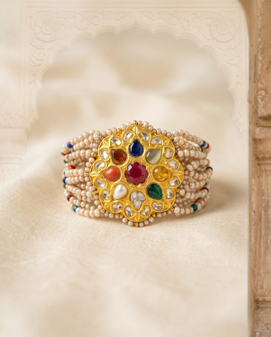 Handcrafted 22kt Gold Navratan Bracelet with 2 Carat Certified Syndicate Polki and Multi-Colour Semi Precious Stones in Thapa Work
