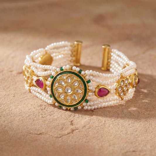 Jharoka Pink green leaf bracelet | Vama Gears