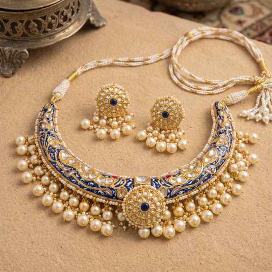 Handcrafted 22kt Gold Blue Meenakari Jadau Hasli Set with 5 Carat Certified Syndicate Polki Jadau Work and Blue Meenakari Enamel in Thapa Work